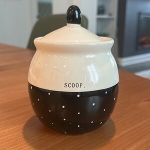 Rae Dunn “scoop” sugar dish with lid. Cream and black polka dot. RARE.
